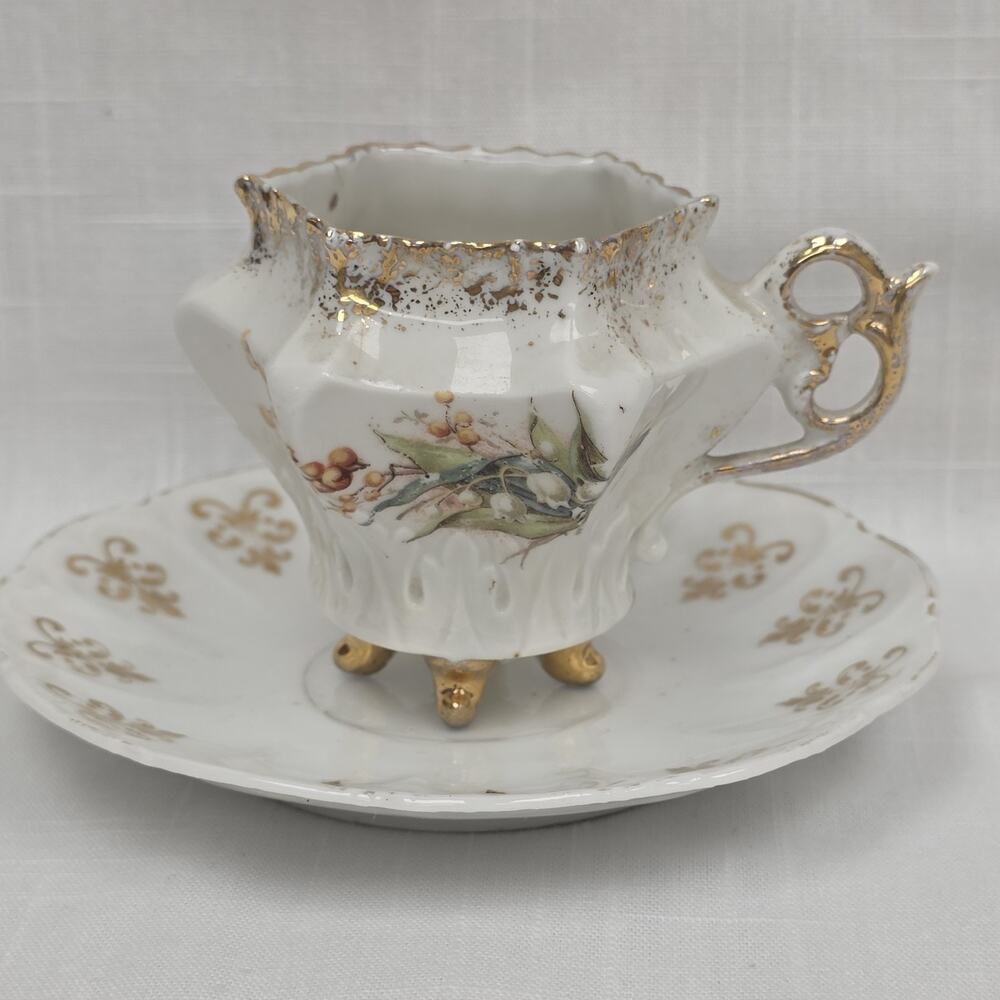 Ornate Porcelain Footed Demitasse Cup Saucer Floral Gold Gilt Scalloped